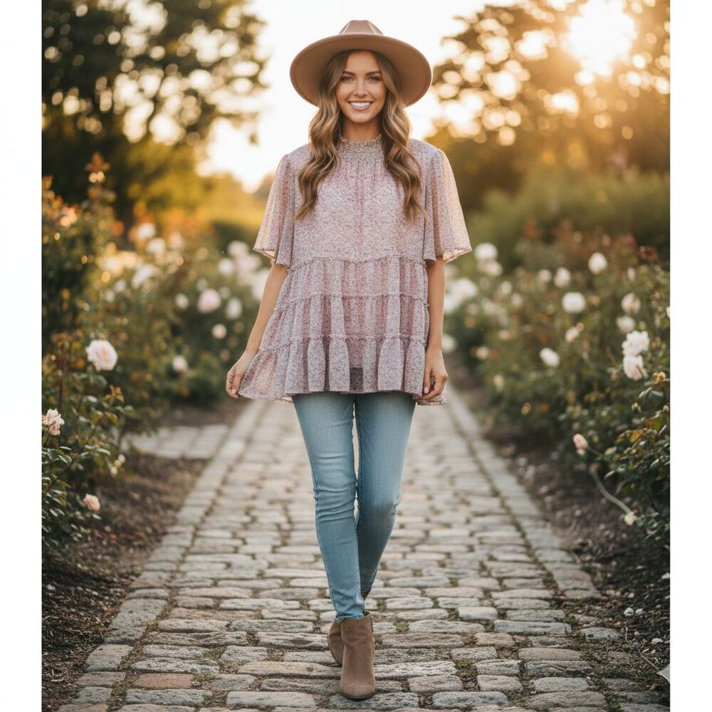Orange Creek Pink Floral Oversized Tiered Peasant Blouse Womens Size Medium